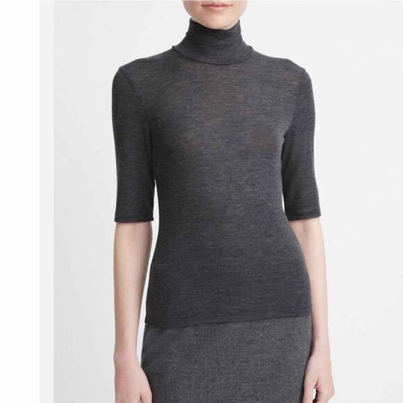 Vince Elbow Sleeve Turtleneck Wool Top Heather Charcoal Medium - Picture 8 of 12